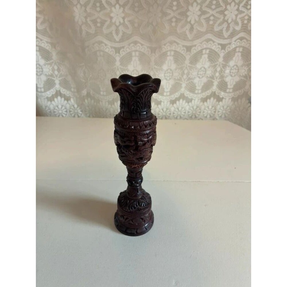 Vintage Hand Carved Wood Elephant Lion Vase Indian Rosewood Candle Holder